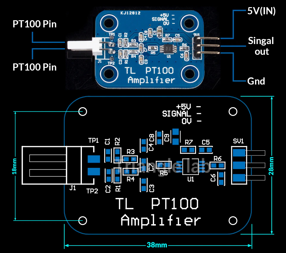 Schema and dimensions of PT100 amplifier board